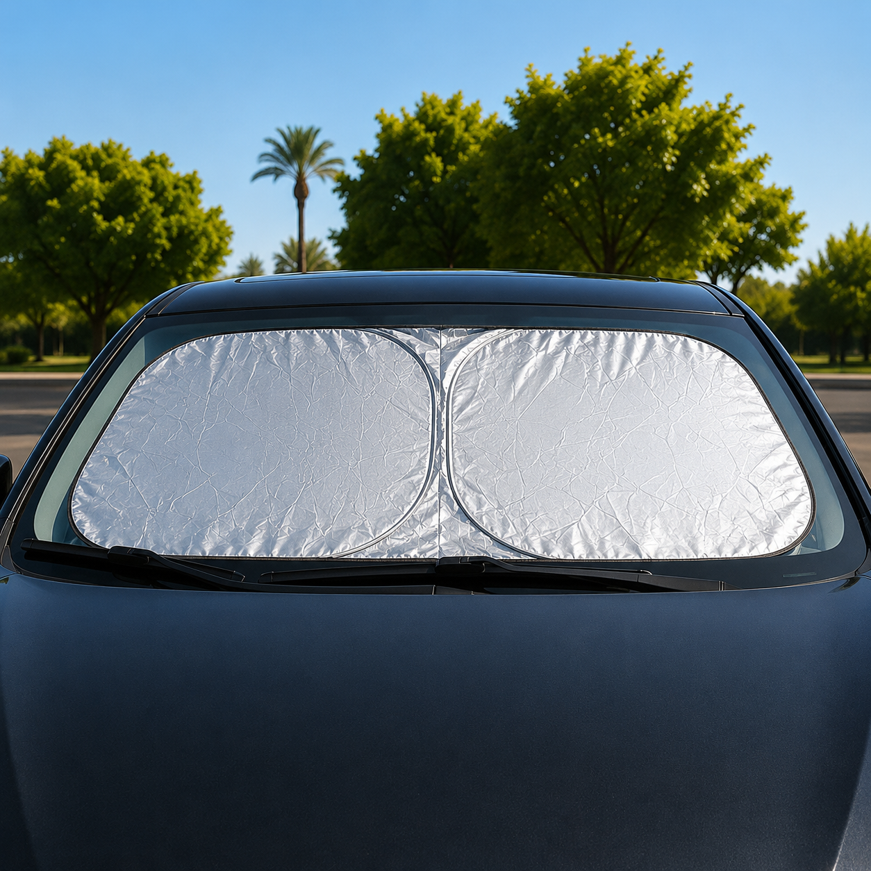 Foldable dual-panel car windshield sunshade protecting a car from Egypt's summer sun – Vorcar Egypt