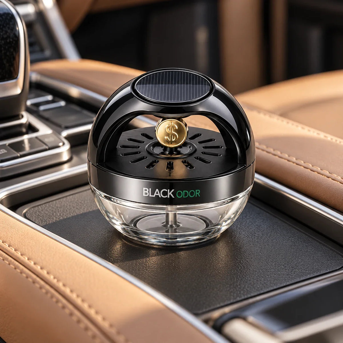 BLACK ODOR Solar Aura solar car diffuser on a tan leather car centre console