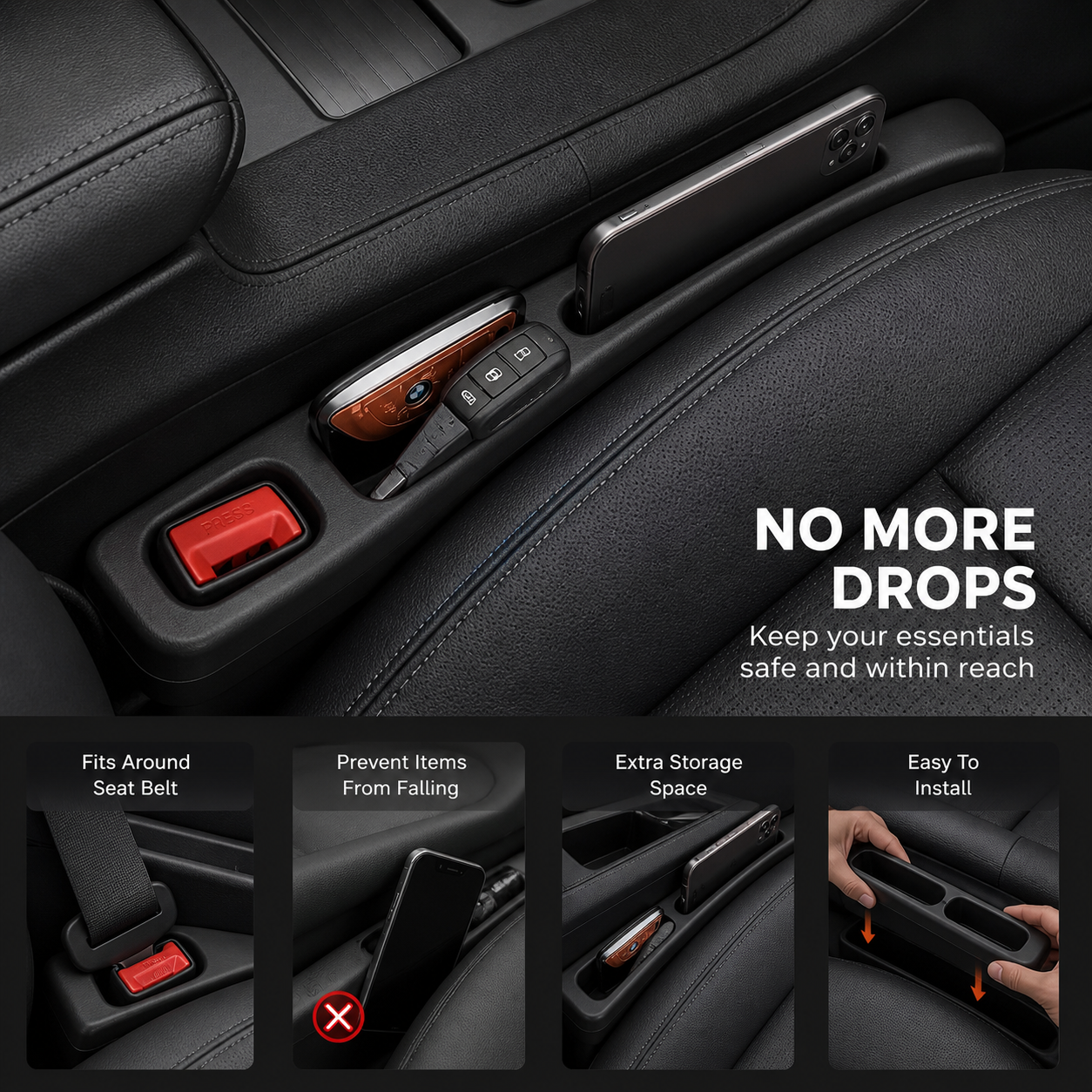 No Drop Car Seat Gap Filler – Seat Belt Fit Organizer