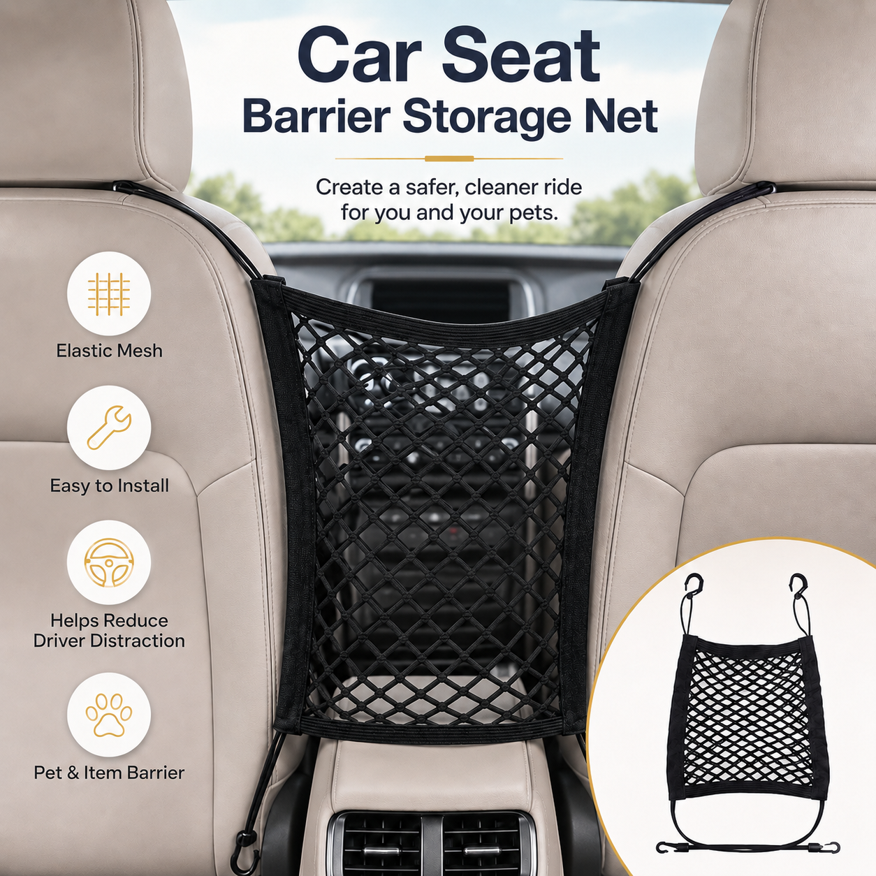 Car Seat Barrier Storage Net – Pet Safety Mesh Organizer for Back Seat