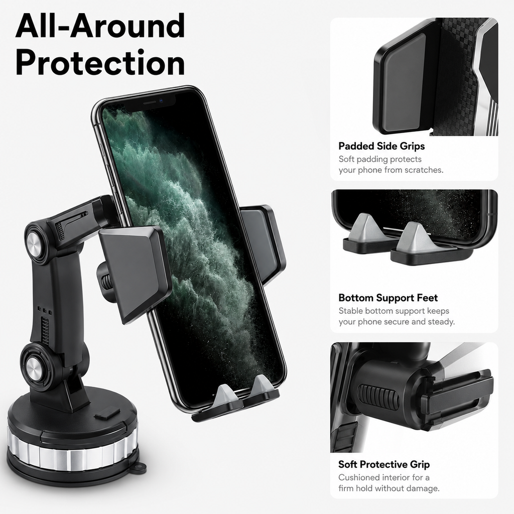 360° Adjustable Car Phone Holder with Strong Suction Cup Mount