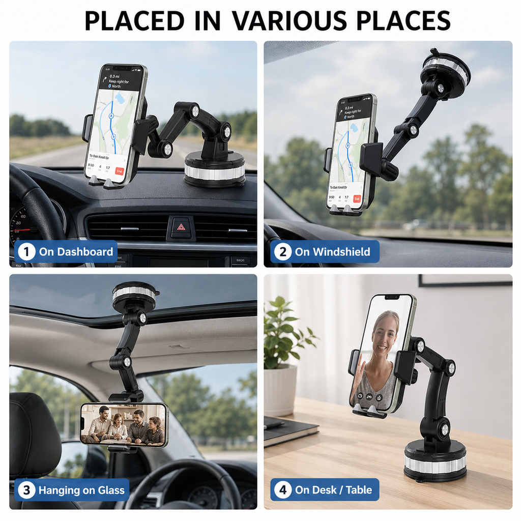 360° Adjustable Car Phone Holder with Strong Suction Cup Mount