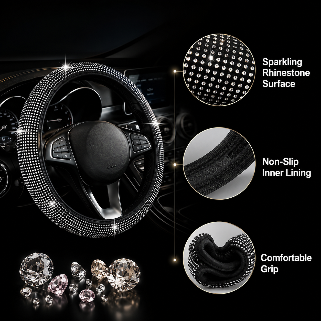 Luxury rhinestone steering wheel cover sparkling non-slip – Vorcar Egypt (photo 4)