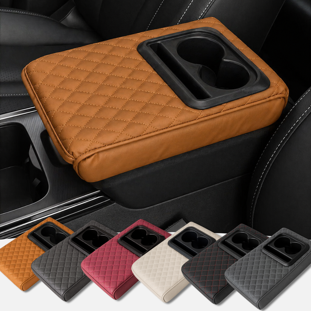 Car Armset with Cup Holder - Quilted Leather Storage Tray