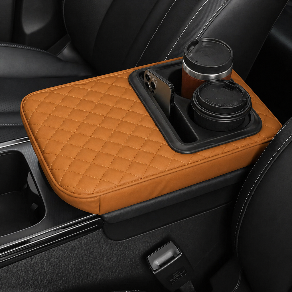 Car Armset with Cup Holder - Quilted Leather Storage Tray