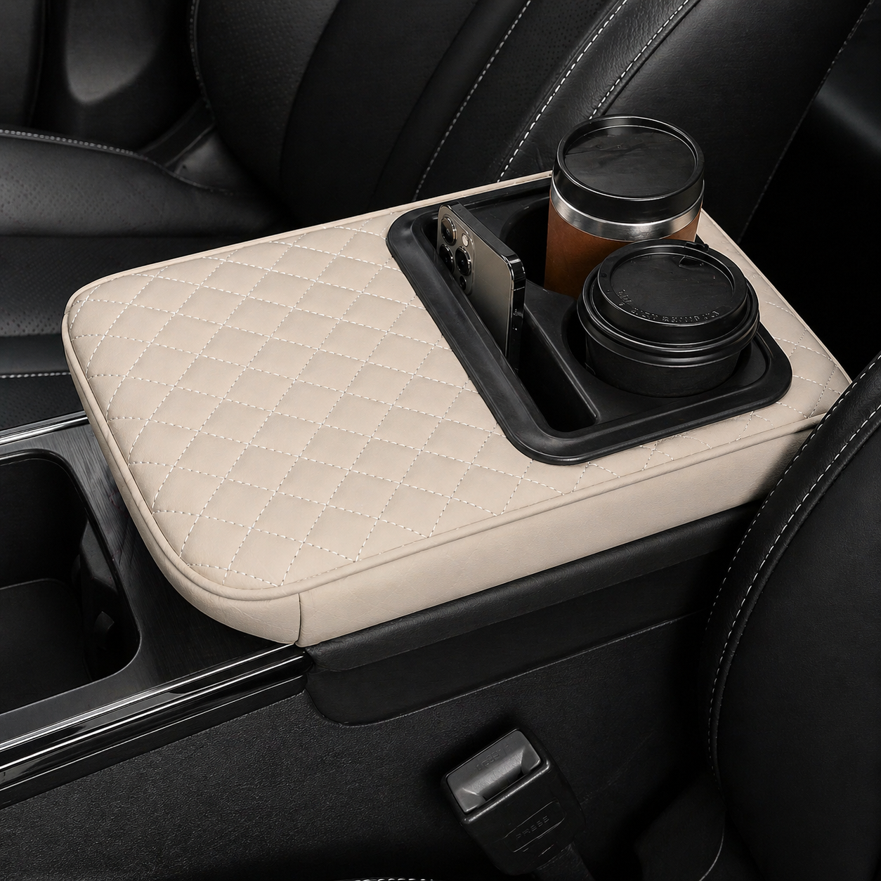 Car Armset with Cup Holder - Quilted Leather Storage Tray