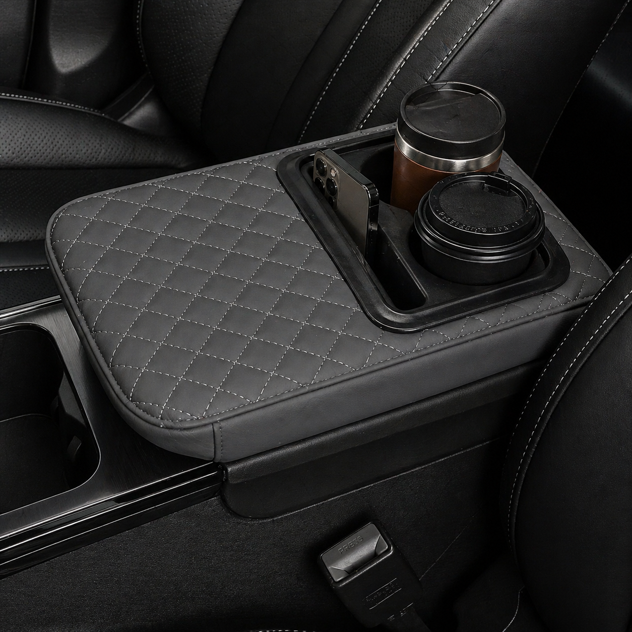 Car Armset with Cup Holder - Quilted Leather Storage Tray