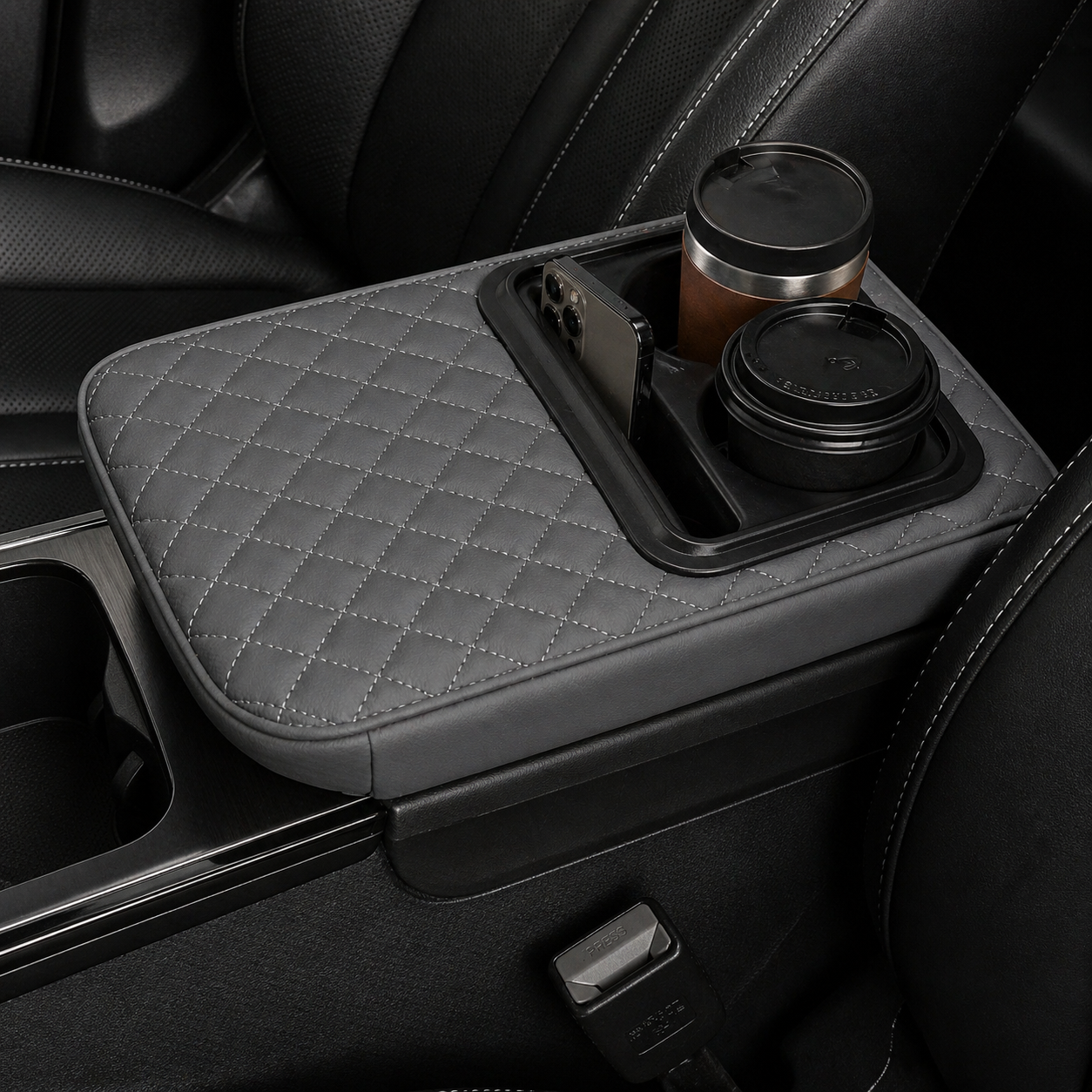 Car Armset with Cup Holder - Quilted Leather Storage Tray