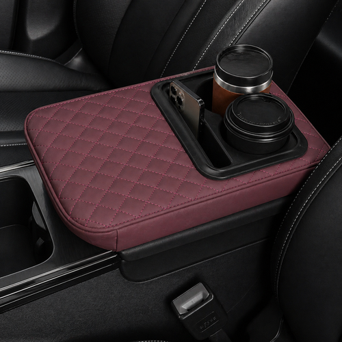Car Armset with Cup Holder - Quilted Leather Storage Tray