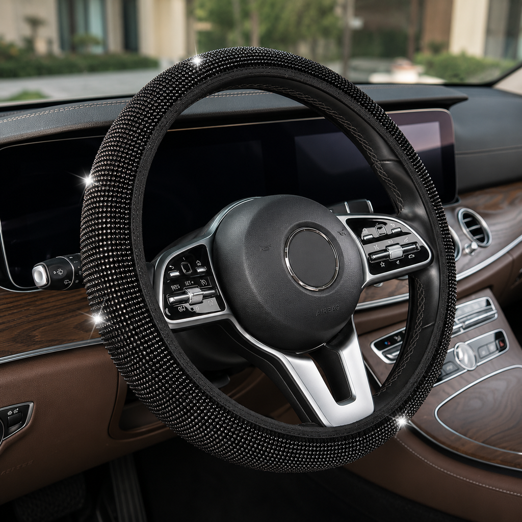 Luxury rhinestone steering wheel cover – Black – Vorcar Egypt