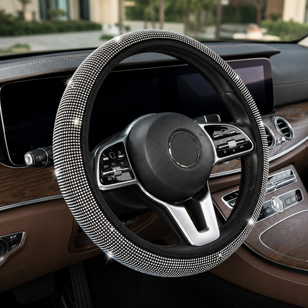 Luxury rhinestone steering wheel cover – White – Vorcar Egypt