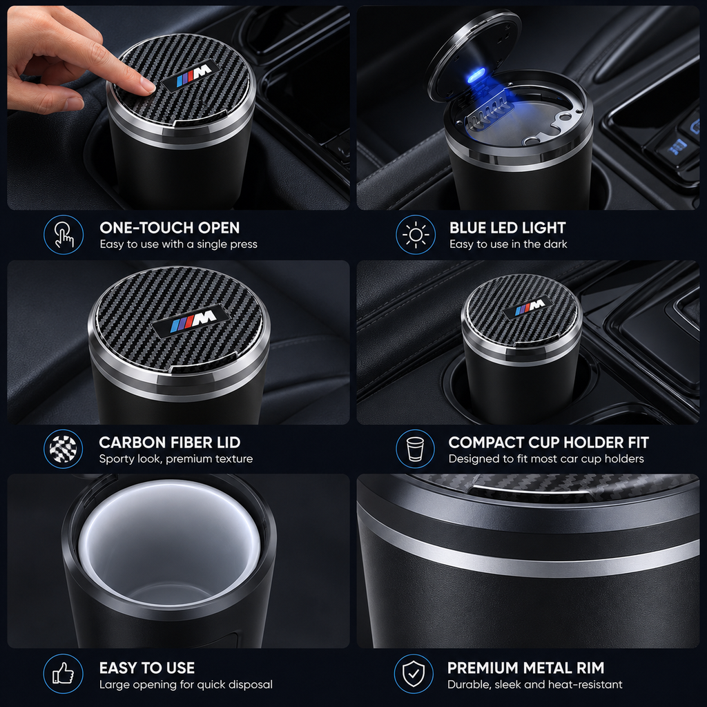 Premium LED Car Ashtray with Carbon Fiber Lid & Ceramic Liner