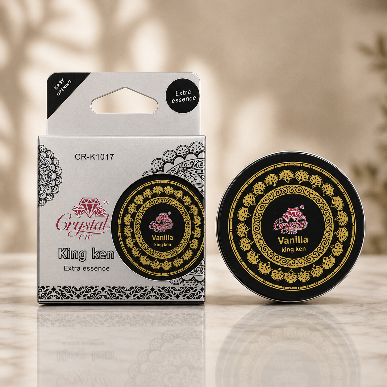 Crystal One King Ken car air freshener tin with metal diffuser lid