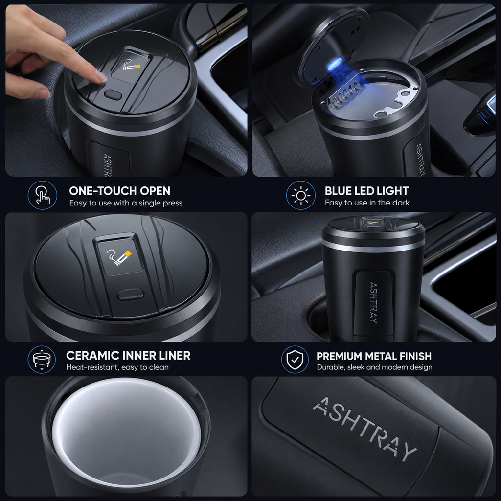 Premium LED Car Ashtray with One-Touch Lid & Ceramic Inner Liner
