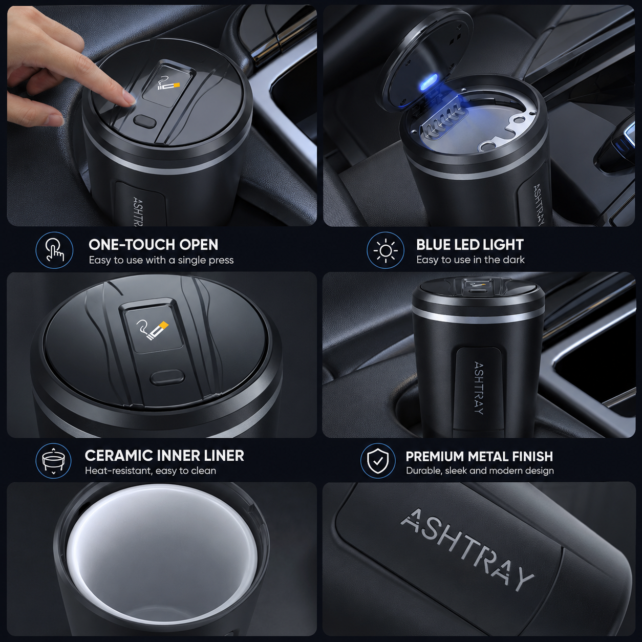 Premium LED Car Ashtray with One-Touch Lid & Ceramic Inner Liner