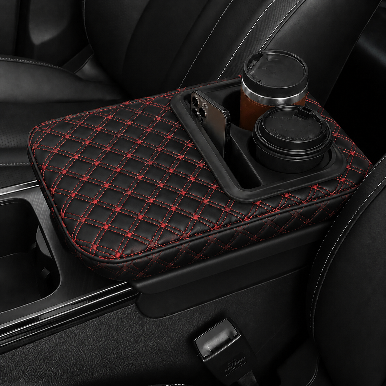Car Armset with Cup Holder - Quilted Leather Storage Tray
