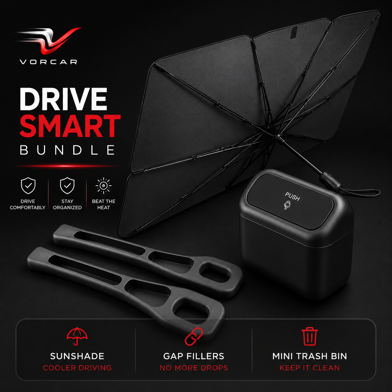 VORCAR Drive Smart Bundle | Car Sunshade + Seat Gap Fillers + Mini Car Trash Bin