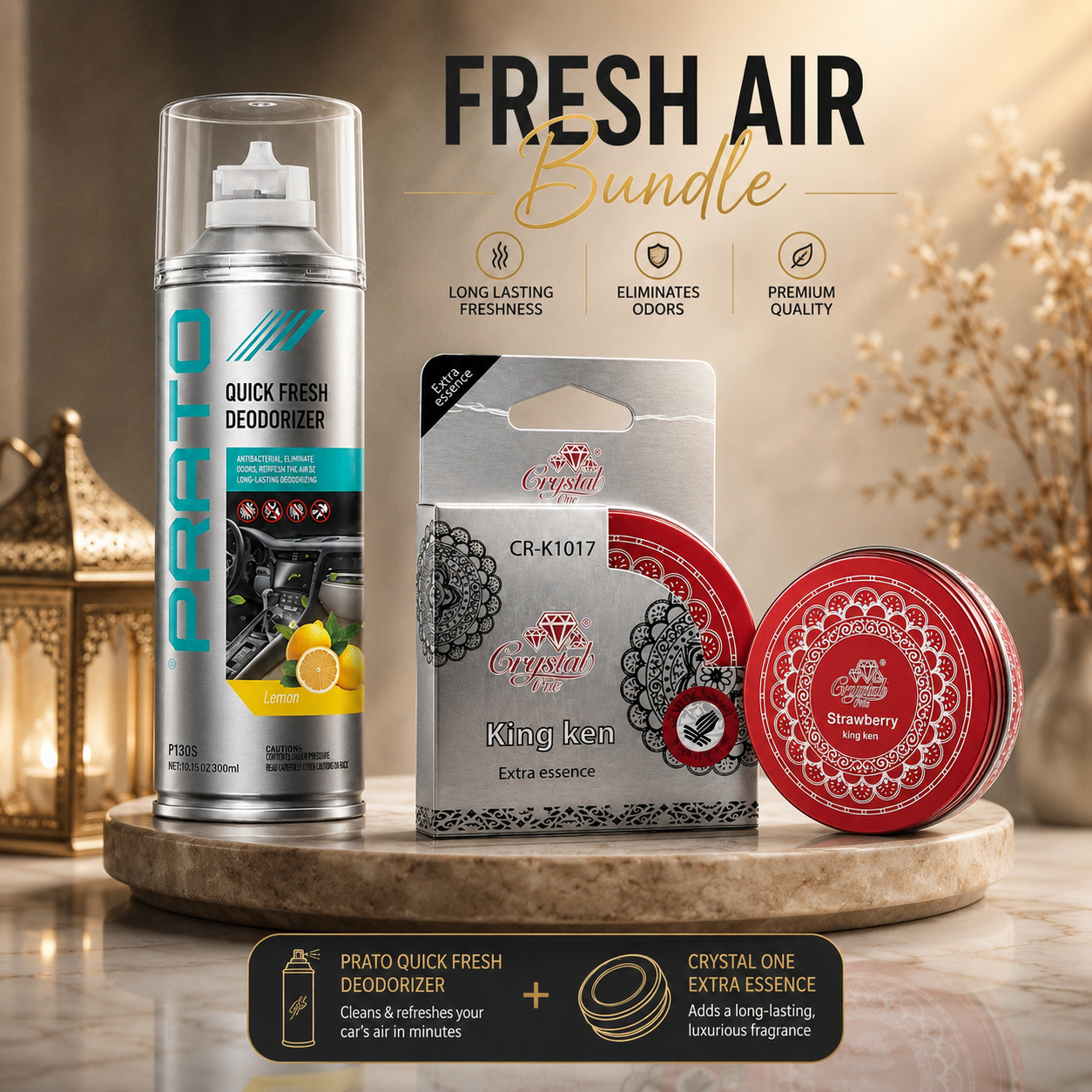 VORCAR Fresh Air Bundle – Prato AC Deodorizer + Crystal One King Ken Air Freshener