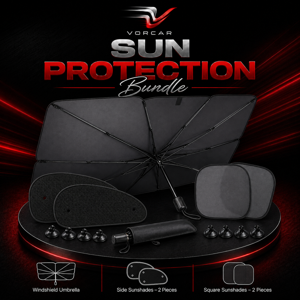 VORCAR Complete Car Sun Protection Bundle – Windshield Umbrella & Side Window Sunshades