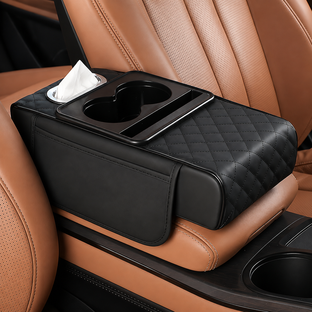 Car armrest cushion organizer with cup holder and storage – Black – Vorcar Egypt