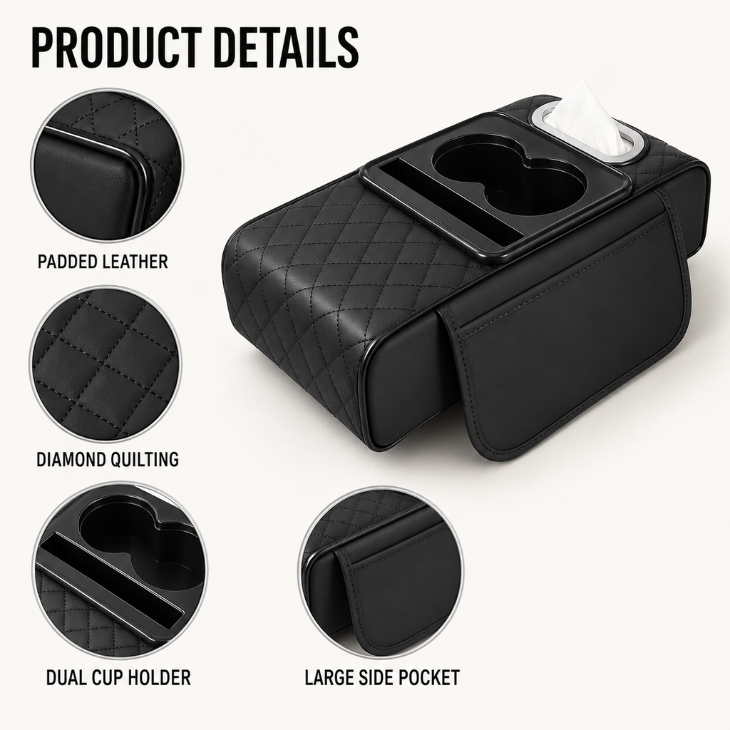Car armrest cushion organizer in black showing dual cup holder and phone slot – Vorcar Egypt