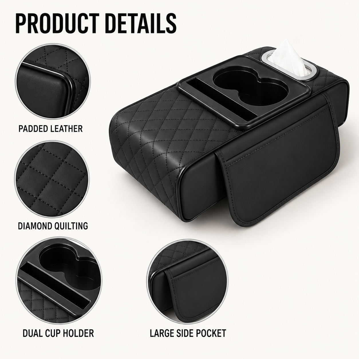 Car armrest cushion organizer in black showing dual cup holder and phone slot – Vorcar Egypt