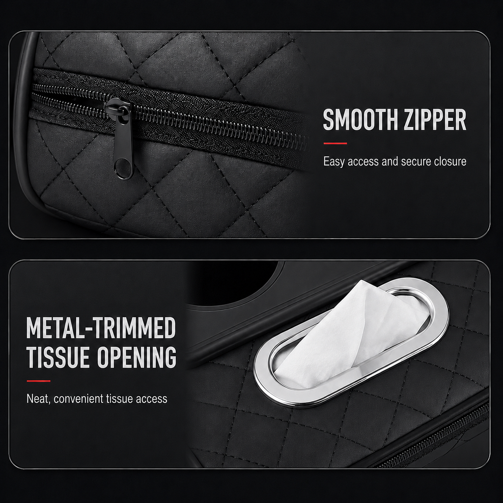 Car armrest cushion organizer in black showing tissue opening and side pocket – Vorcar Egypt