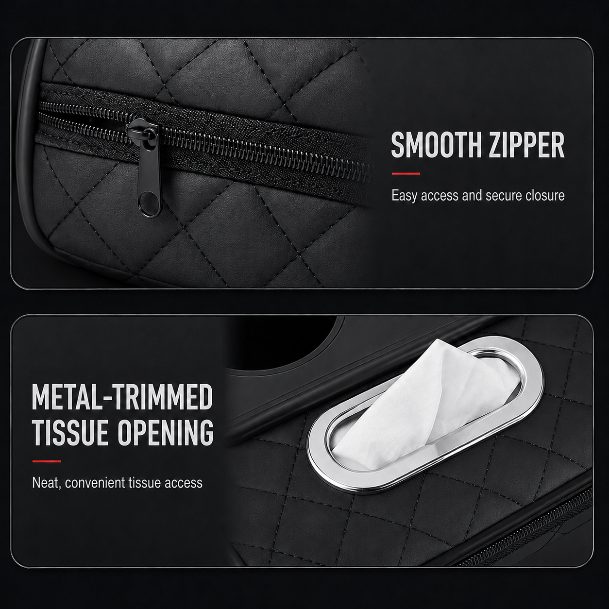 Car armrest cushion organizer in black showing tissue opening and side pocket – Vorcar Egypt