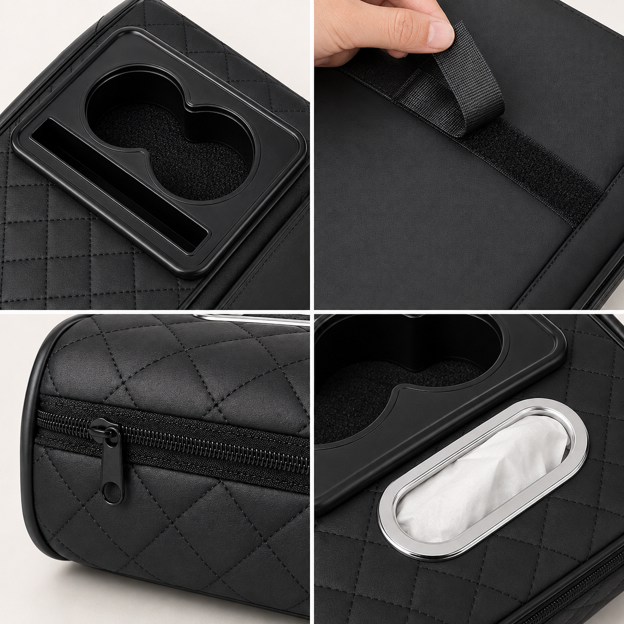 Car armrest cushion organizer in black showing zippered compartment and securing strap – Vorcar Egypt