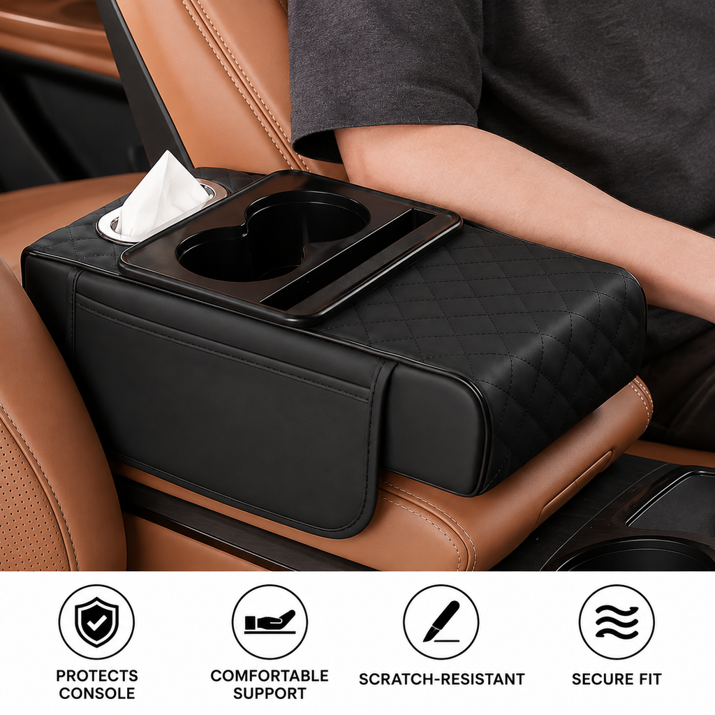 Car armrest cushion organizer in black, dimensions 34 x 20 x 7.5 cm – Vorcar Egypt