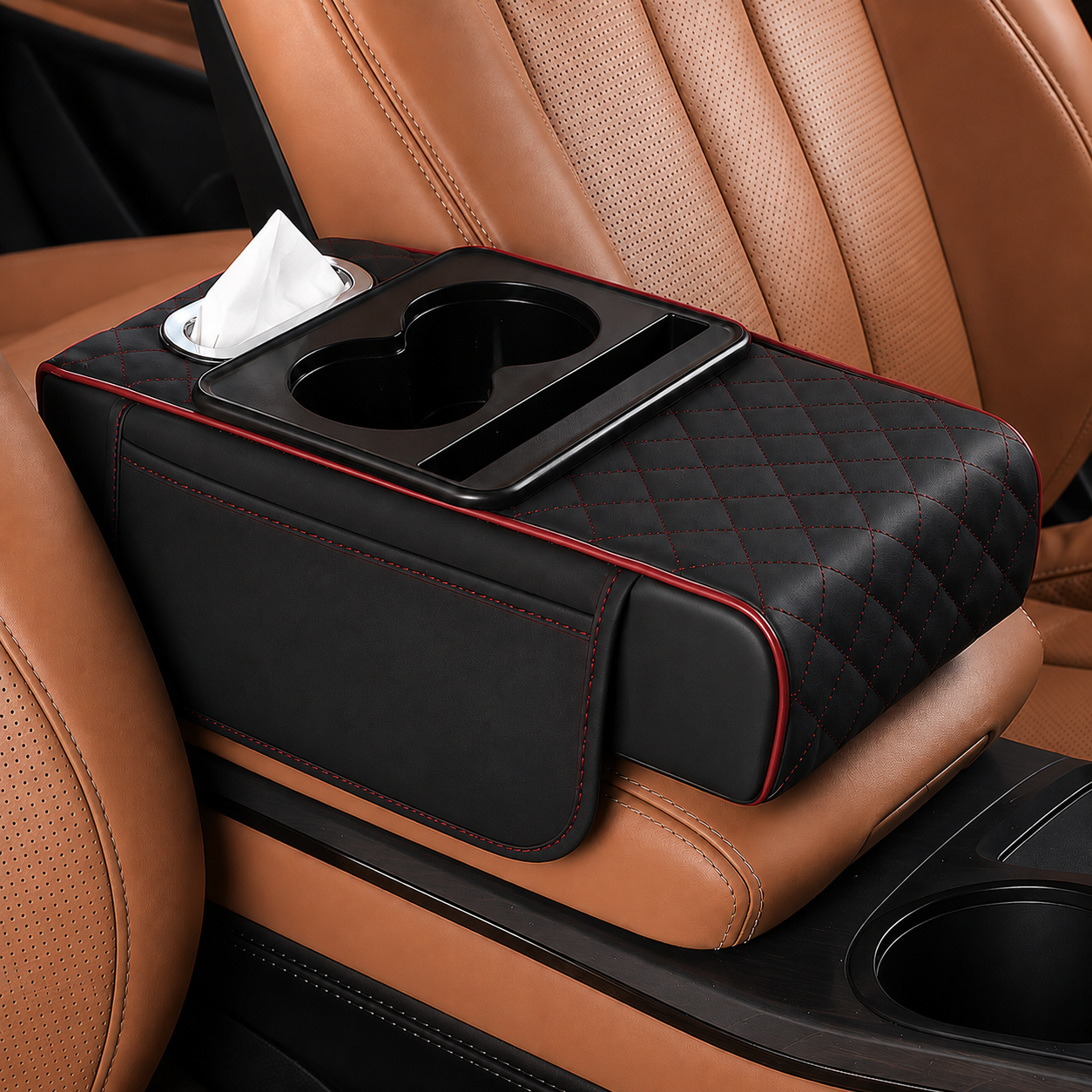 Car armrest cushion organizer – Black with Red Piping – Vorcar Egypt