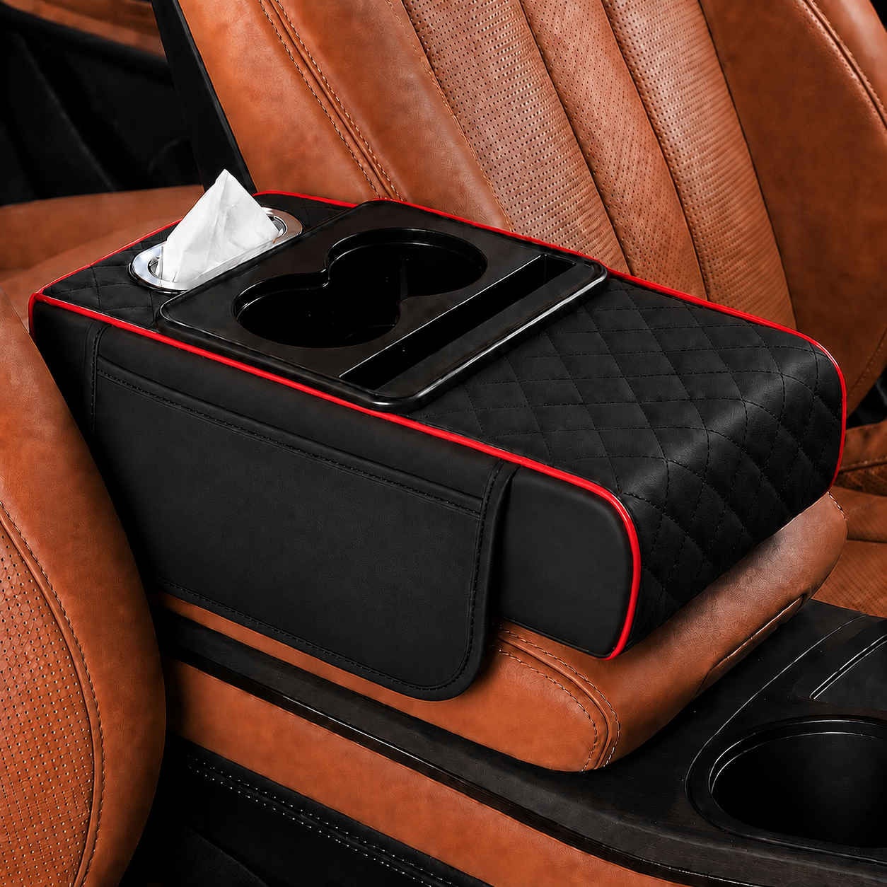 Ultra Premium Car Armrest Cushion Organizer – Cup Holder, Tissue Box & Storage Pocket
