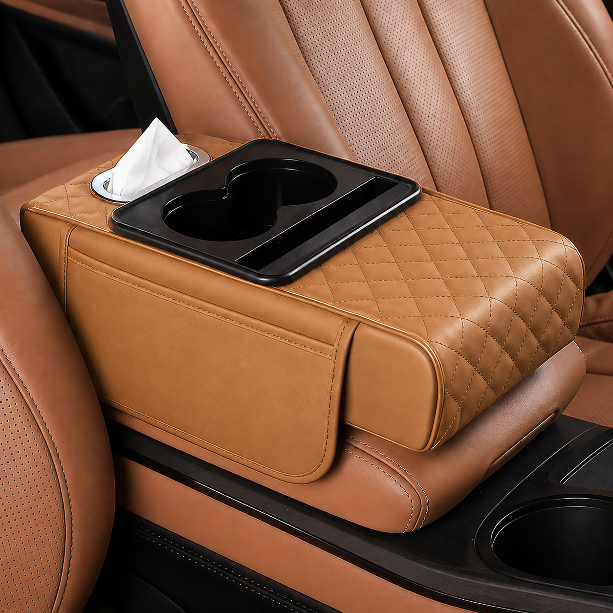 Car armrest cushion organizer – Camel Tan – Vorcar Egypt