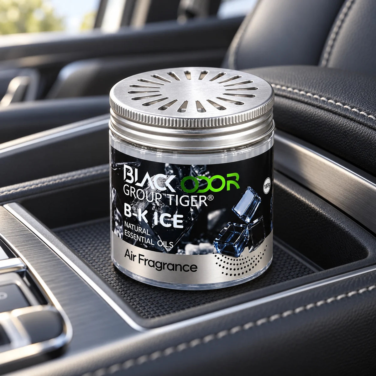 BLACK ODOR Classic Gel B-K Ice 180g air freshener in a car center-console tray