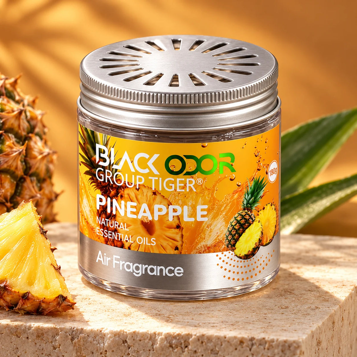 BLACK ODOR Classic Gel Pineapple 180g gel air freshener on a stone display with pineapple