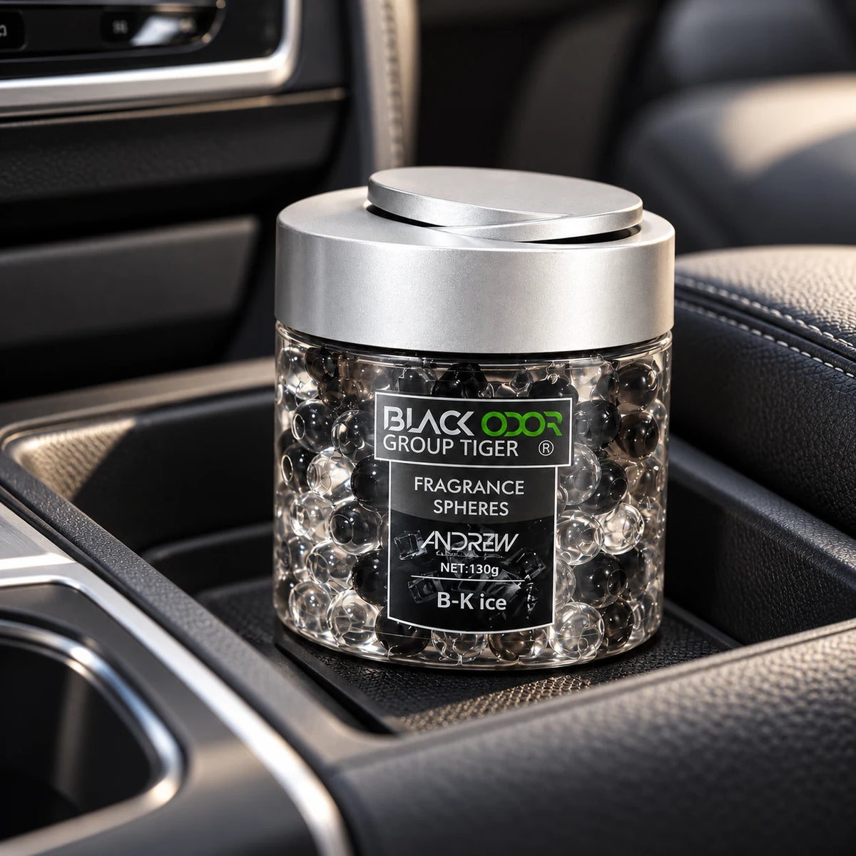 BLACK ODOR Aroma Pearls Black Ice 130g fragrance spheres standing upright in a car center-console tray.