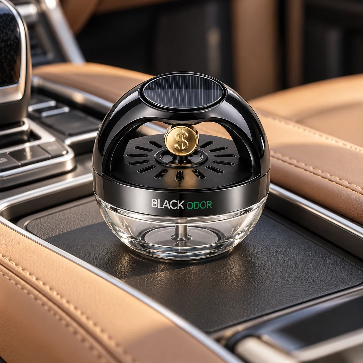 BLACK ODOR Solar Aura solar car diffuser on a tan leather car centre console