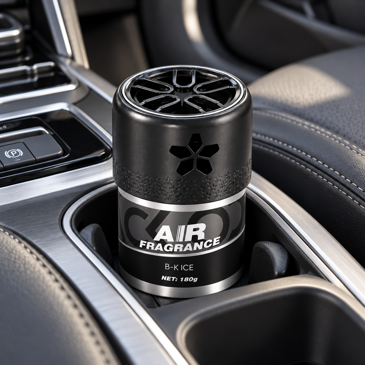 BLACK ODOR Alloy Collection Black Ice positioned upright in a car cup holder