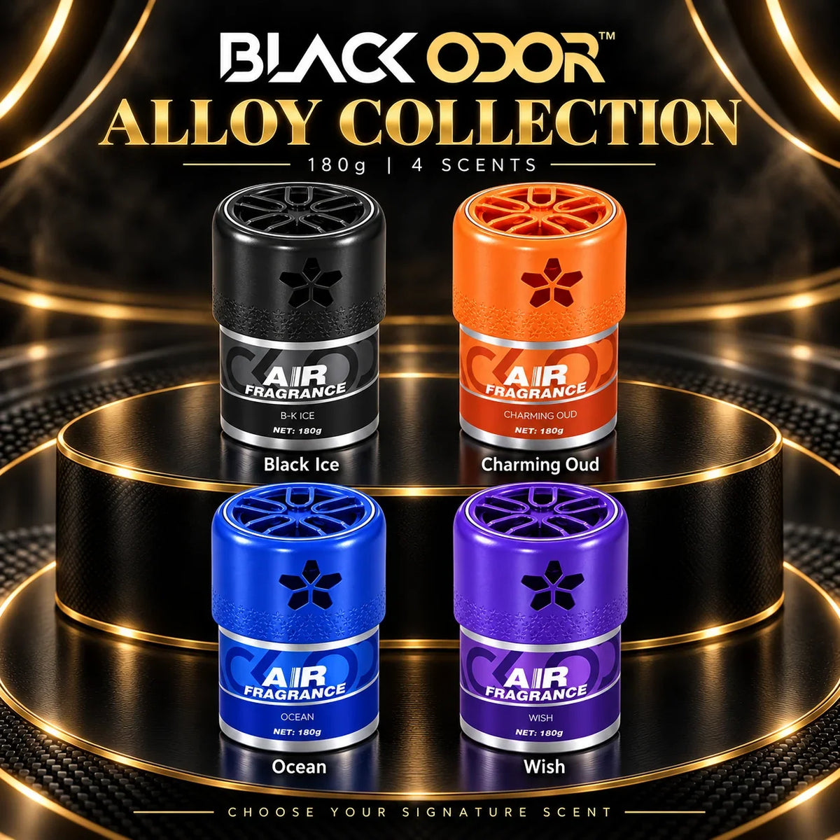 Black Odor Alloy Collection 180g scent guide: Black Ice, Charming Oud, Ocean and Wish
