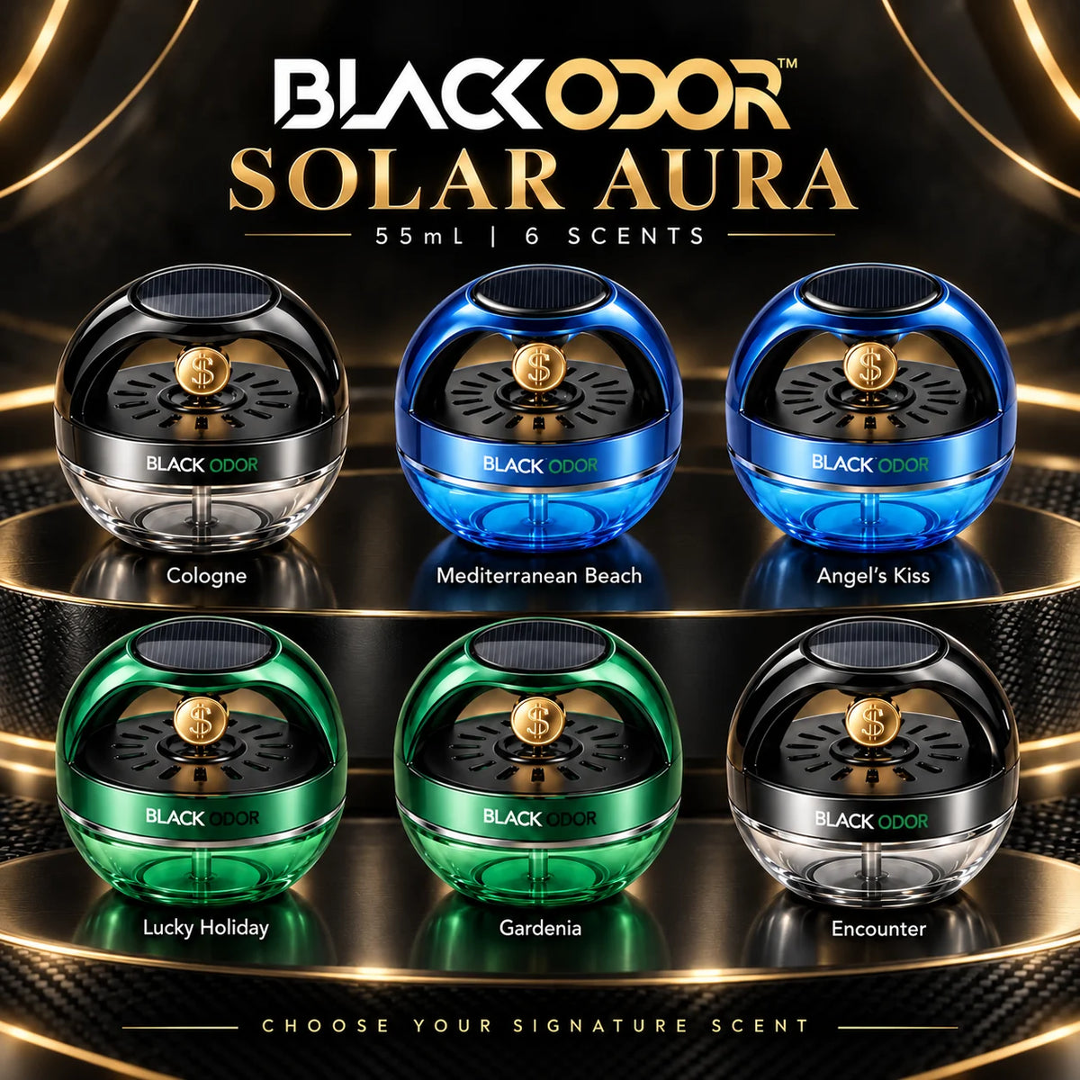 Six Solar Aura 55ml scents: Cologne, Mediterranean Beach, Angel’s Kiss, Lucky Holiday, Gardenia and Encounter