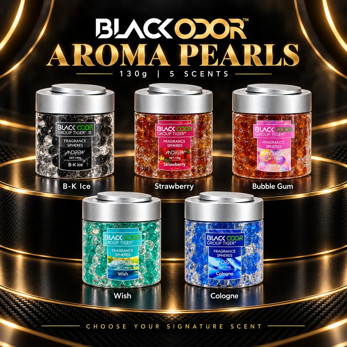 Black Odor Aroma Pearls 130g scent guide: Black Ice, Strawberry, Bubble Gum, Wish and Cologne