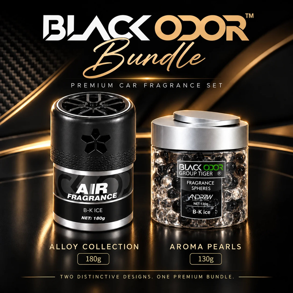 Black Odor Signature Duo with Alloy Collection 180g and Aroma Pearls 130g in a black and gold design