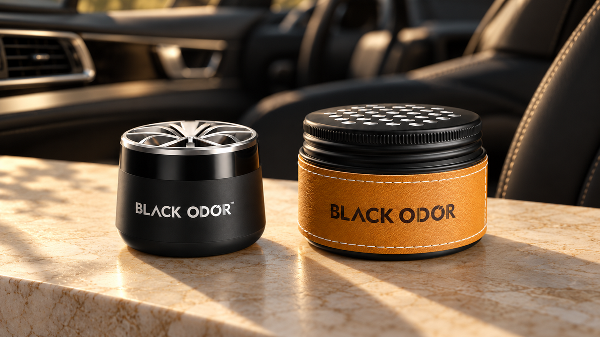 BLACK ODOR wheel and leather gel fresheners in warm daylight