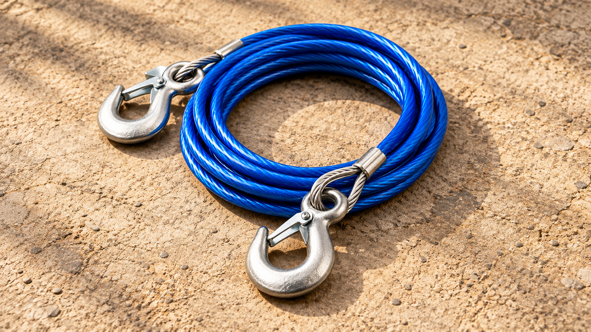 Blue coated steel towing cable with two safety-latch hooks