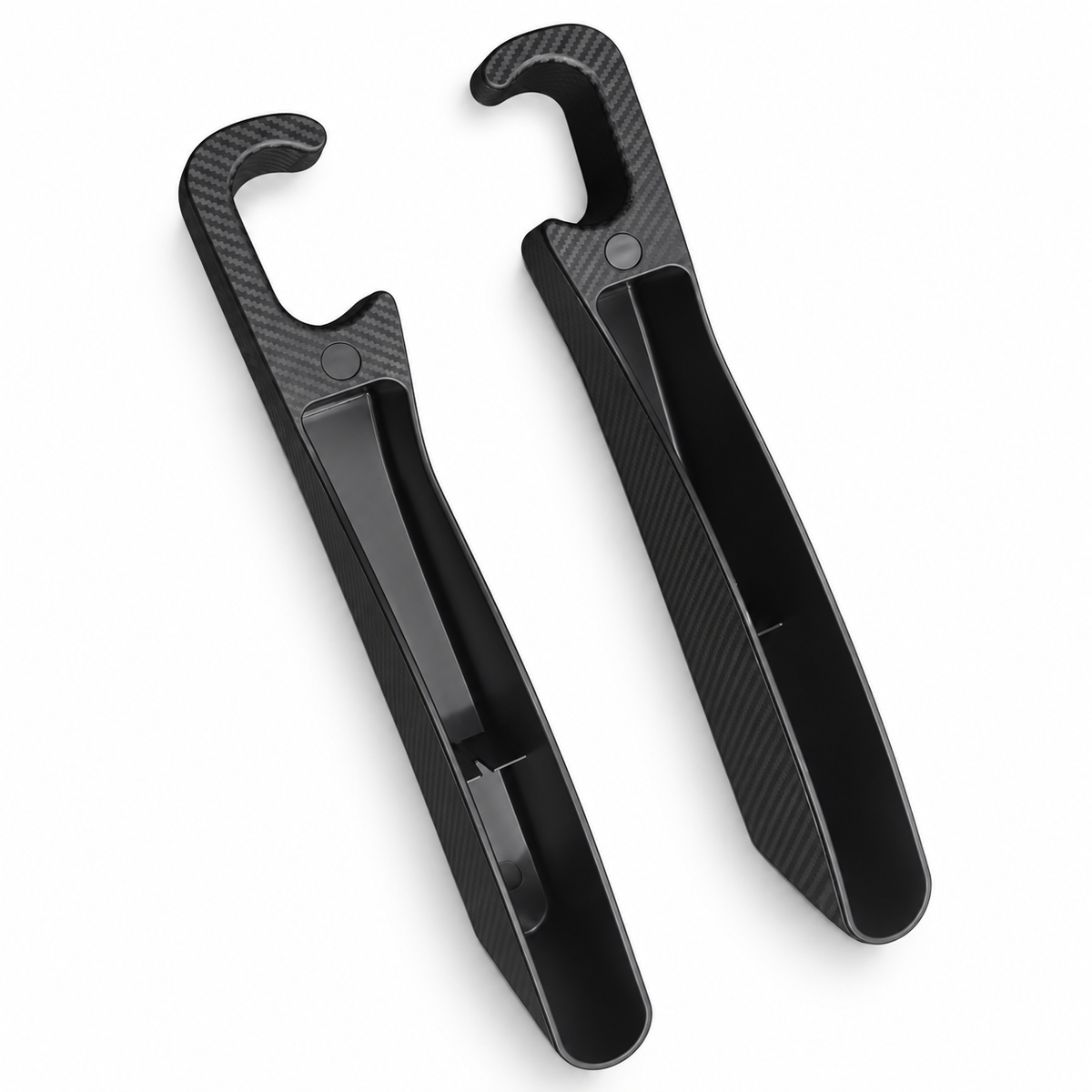 Pair of black carbon-look car seat gap organizers with storage trays and seat belt cutouts – Vorcar Egypt