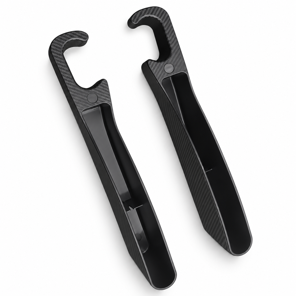 Pair of black carbon-look seat gap organizers with storage trays and seat belt cutouts in the VORCAR Carbon-Look Trio Bundle