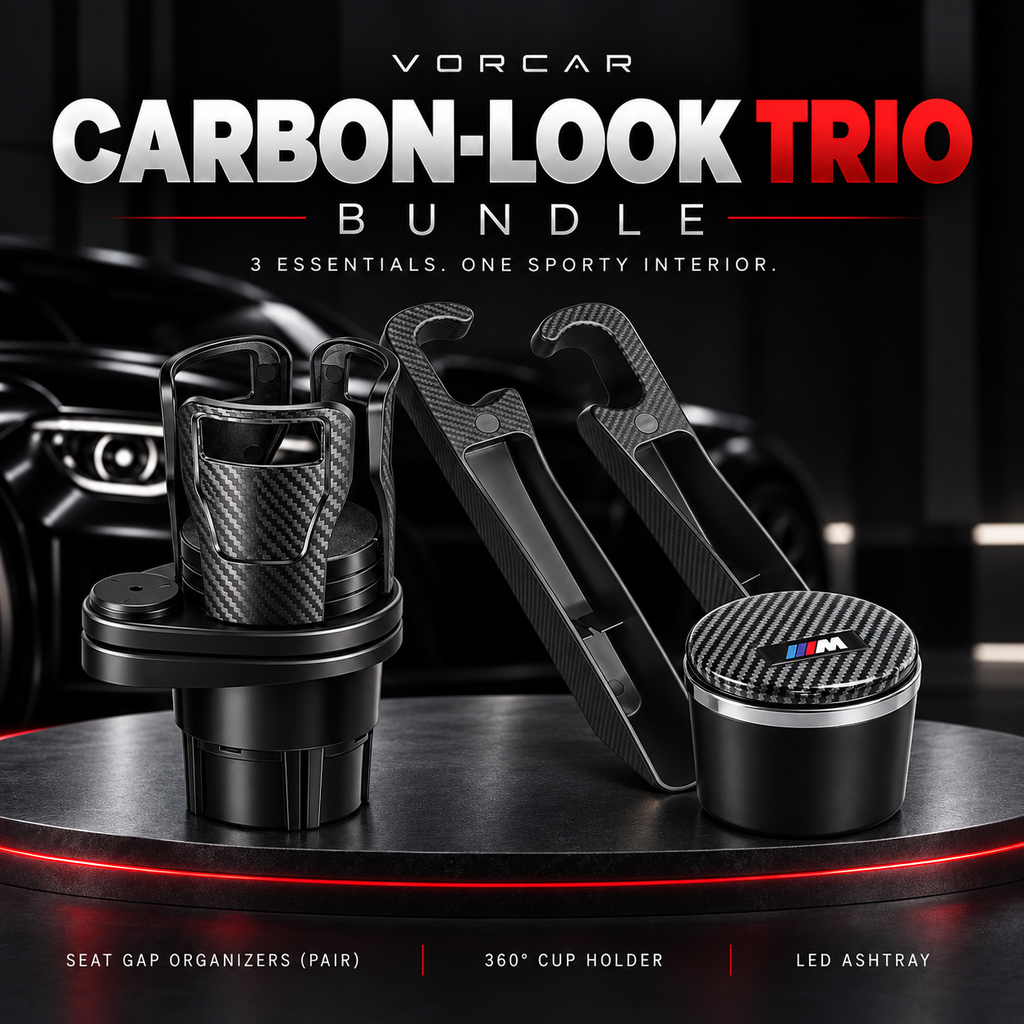 VORCAR Carbon-Look Trio Bundle with two seat gap organizers, one rotating cup holder and one carbon-lid ashtray on a black and red display