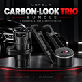 VORCAR Carbon-Look Trio Bundle with two seat gap organizers, one rotating cup holder and one carbon-lid ashtray on a black and red display