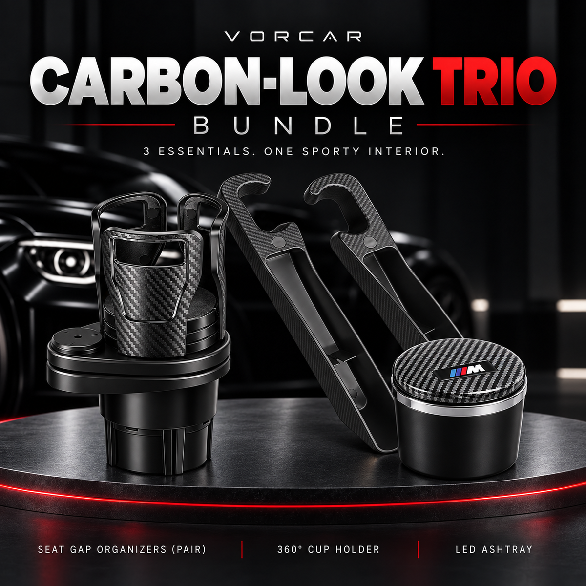 VORCAR Carbon-Look Trio Bundle with two seat gap organizers, one rotating cup holder and one carbon-lid ashtray on a black and red display