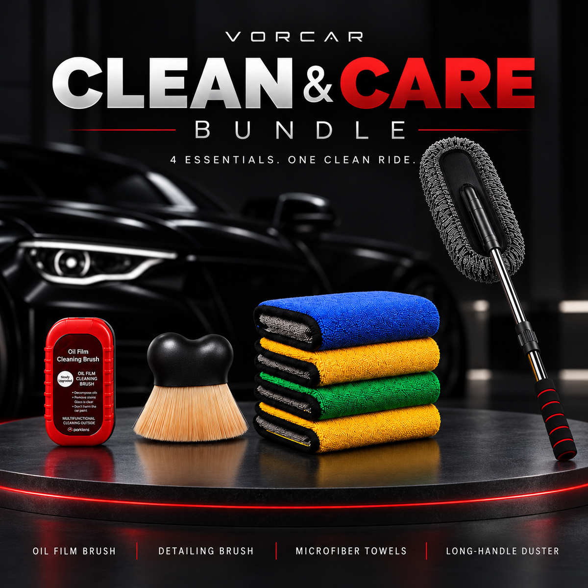 VORCAR Clean & Care Bundle: glass cleaning brush, detailing brush, four microfiber towels and extendable cleaning mop